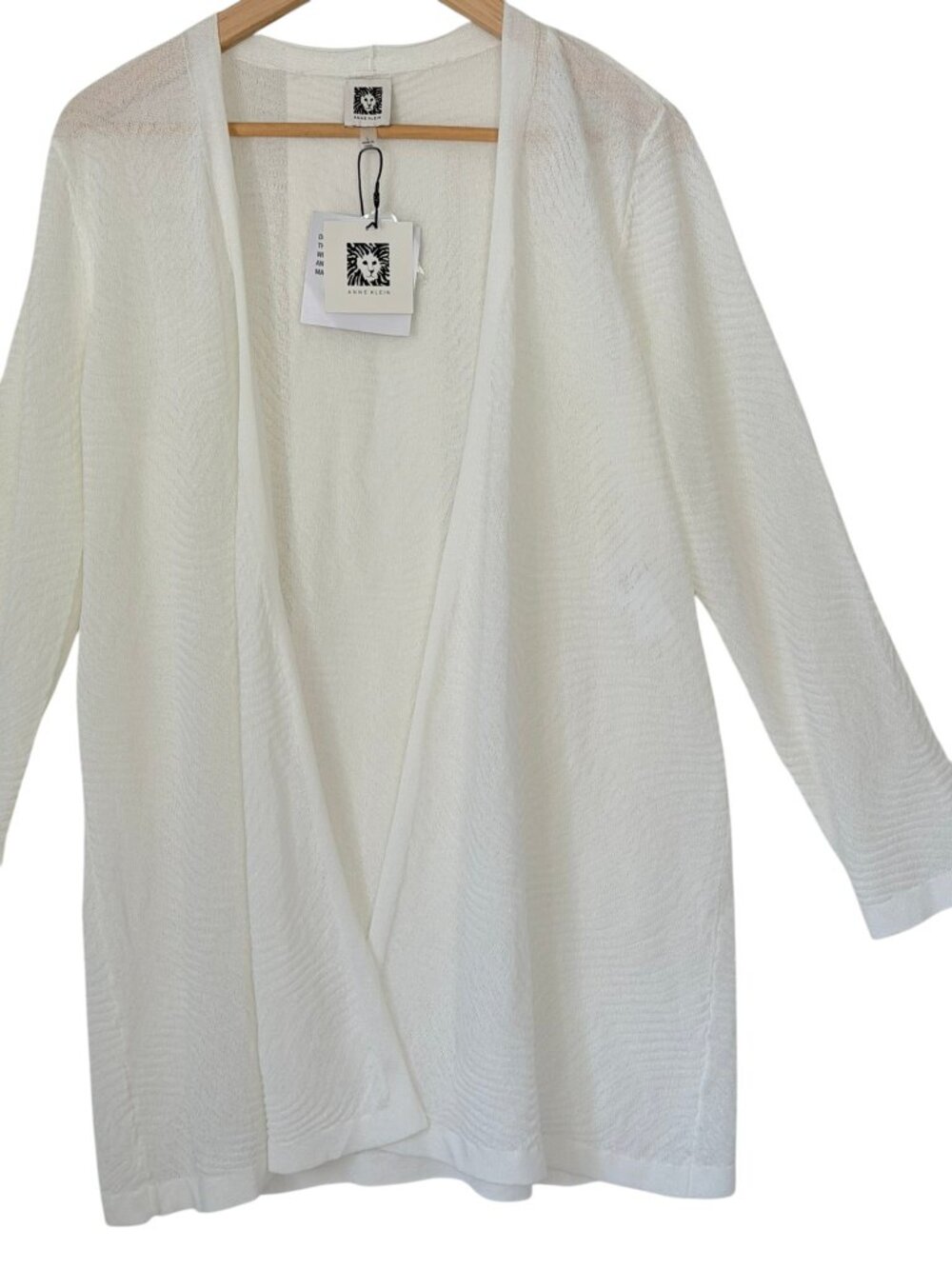 Anne Klein Semi-Sheer Textured Stitch Open Long Cardigan Lightweight Ivory Large